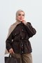 Women's Shirt Collar Pocket Detail Adjustable Waist Snap Fastener Jacket Brown - 2