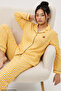 Yellow Plaid Patterned Embroidered Soft Tuşe Winter Buttoned Knitted Pajamas Set 8080