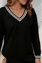 Women's Black V-Neck Long Sleeve Striped Ribbed Detailed Relaxed Cut Mini Sweatshirt Dress - 2