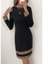 Women's Leopard Pattern Striped Crew Neck Long Sleeve Mini Dress with Skirt Hem Trim