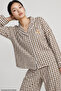 Brown Plaid Patterned Teddy Bear Printed Soft Tuşe Winter Buttoned Knitted Pajama Set 8080