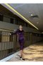 Women's Purple Crew Neck Padded Cuff Detail Velvet Fabric Midi Length Dress - 2