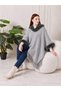 Women's Knitwear Poncho with Fur Detail and Tassels, Shawl Collar Hooded Poncho - 4