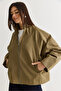 Women's Khaki Oversize Stand Collar Zippered Raglan Sleeve A-Line Short Trench Coat 2100 60286511 - 4
