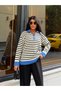 Women's Blue Zippered Striped Polo Collar Knit Sweater - 3