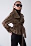 Oversized Short Trench Coat with Stand Collar and Epaulet Detail Brown 6934 - 3
