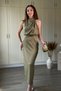 Satin Pencil Shape Midi Oliv Dress with Chest Detail - 8