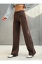 Women's 100% Cotton 3-Thread Ribbed Lace-Up / Wide-Leg Sweatpants / Brown - 2