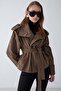Oversized Short Trench Coat with Stand Collar and Epaulet Detail Brown 6934
