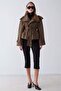 Oversized Short Trench Coat with Stand Collar and Epaulet Detail Brown 6934 - 2