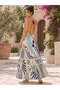 Blue Color Halter Neck Silk Dress with Gold Detail and Low Back Cutout - 2