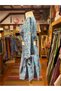 Blue Color Shawl Patterned Silk Short Skirt Blouse Set with Gold Detail - 7