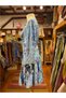Navy Blue Color Ethnic Patterned Silk Short Skirt Blouse Set with Gold Detail - 2