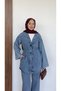 Women's Jacket with Pocket Details, Oversize, Belted, V-Neck, Top Button Closure, Pants, Denim Suit