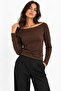 Brown Boat Neck Long Sleeve Basic T-Shirt - Blouse -
