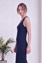 Women's V-Neck Thick Strap Ribbed Knitwear Midi Dress Anthracite, Navy Blue, Brown - 6