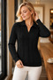 Women's Polo V-Neck Long Sleeve Low-Cut Hair Braided Ribbed Special Design Black Knitwear Sweater - 2