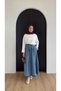Women's Long Denim Jeans Skirt with Elastic Waist, Lace-Up, Pockets, Front Button Detail - 2