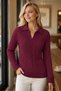Women's Polo V-Neck Long Sleeve Low-Cut Hair Braided Ribbed Special Design Burgundy Knitwear Sweater - 5