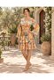 Orange Color Leaf Patterned Silk Short Skirt Blouse Set with Gold Detail - 4