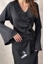 Women's Black Satin V-Neck Long Sleeve Blouse Skirt Two-Piece Set - 4