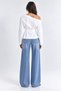 White Boat Neck Long Sleeve Tshirt with Pleated Detail at the Waist - 3