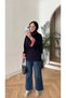 Women's Striped Collar and Cuff Detailed Waist-Tie Hijab Tunic - Navy Blue - 4
