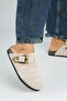 Debora Women's Genuine Leather Belted Buckle Embroidered Sabo Beige Slippers - 4