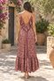 Pink Color Shawl Patterned Backless Silk Dress with Tie Detail - 4