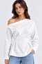 White Boat Neck Long Sleeve Tshirt with Pleated Detail at the Waist - 4