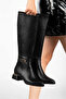 Women's Black Leather Gold Buckle Zippered Low Heel Below the Knee Boots Heel 4 cm Calf 40 cm - 4