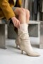Sophia Short Beige Bellows Boots (7 cm Heel) Pull-On Daily Women's Boots
