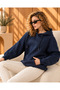 Navy Blue Cotton Three-Strand Ribbed Oversize Loose Hooded Long Sweatshirt with Kangaroo Pocket - 4
