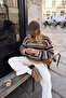 Women's Crew Neck Double Stripe Striped Oversize Knitwear Sweater Brown-Navy Blue - 3