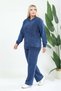 Women's Plus Size Seasonal 100% Cotton Cardigan Trousers Set Loose Fit Zippered Hooded Mom - Knitwear Detailed Two-Piece Tracksuit Navy Blue - 3