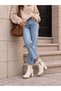 Women's Beige Thick Heeled Zippered Daily Stylish Boots with Rope Detail - 4