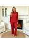 Women's Red Velvet Pajama Set Soft Textured Stylish Comfortable Set Long Sleeve Crew Neck - 4
