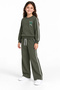 Girl's Khaki Floral Embroidered White Ribbed Wide-Leg Sweatpants Set