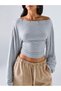 Metal Detailed Boat Neck Draped Long Sleeve Crop Blouse - 5