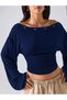 Metal Detailed Boat Neck Draped Long Sleeve Crop Blouse - 5