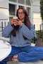 Women's Navy Blue White Striped Crew Neck Oversize Sweatshirt - 3