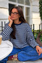 Women's Navy Blue White Striped Crew Neck Oversize Sweatshirt