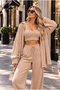 Women's Beige Knitted 3-Piece Set: Shirt, Strap Bustier, and Wide-Leg Pants Set - 2