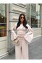 Women's Beige Spanish Sleeve Blouse Pants Bottom Top Set - 5