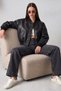 New Season Zr Rib Collar Bomber Women's Black Leather Jacket
