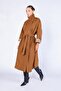 Women's Tan Double-Breasted Trench Coat with Side Slits - 2
