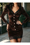 Women's long sleeve v neck lace front button short velvet dress