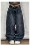 Navy Blue Washed Denim Fabric Baggy Jeans with Stitching Detail