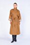 Women's Tan Double-Breasted Trench Coat with Side Slits