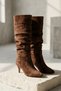 Lambada Brown Suede Bellows (7 cm Heel) Pull-On Casual Women's Boots - 6